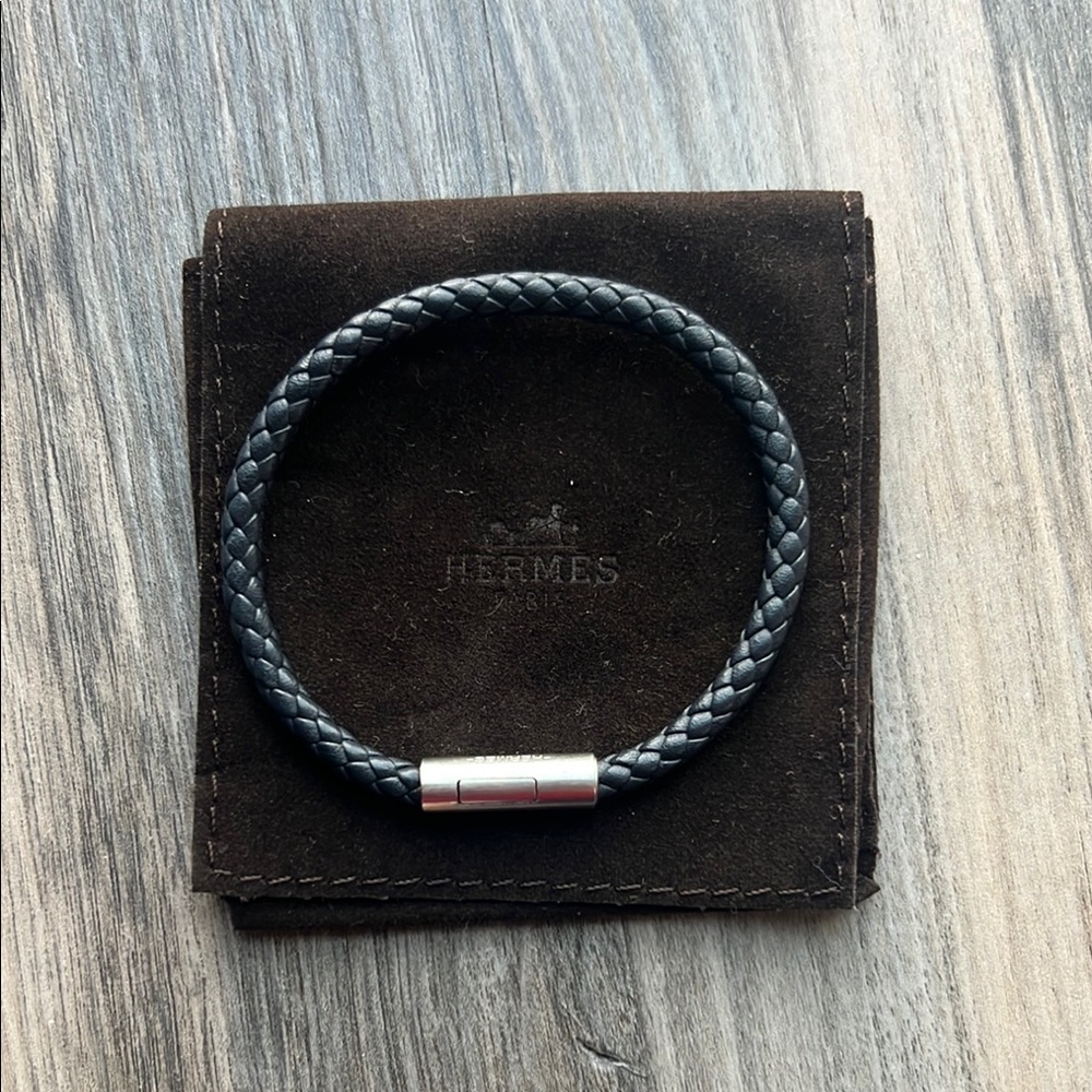 Hermes Men's Braided Leather Bracelet in Black with Silver Clasp